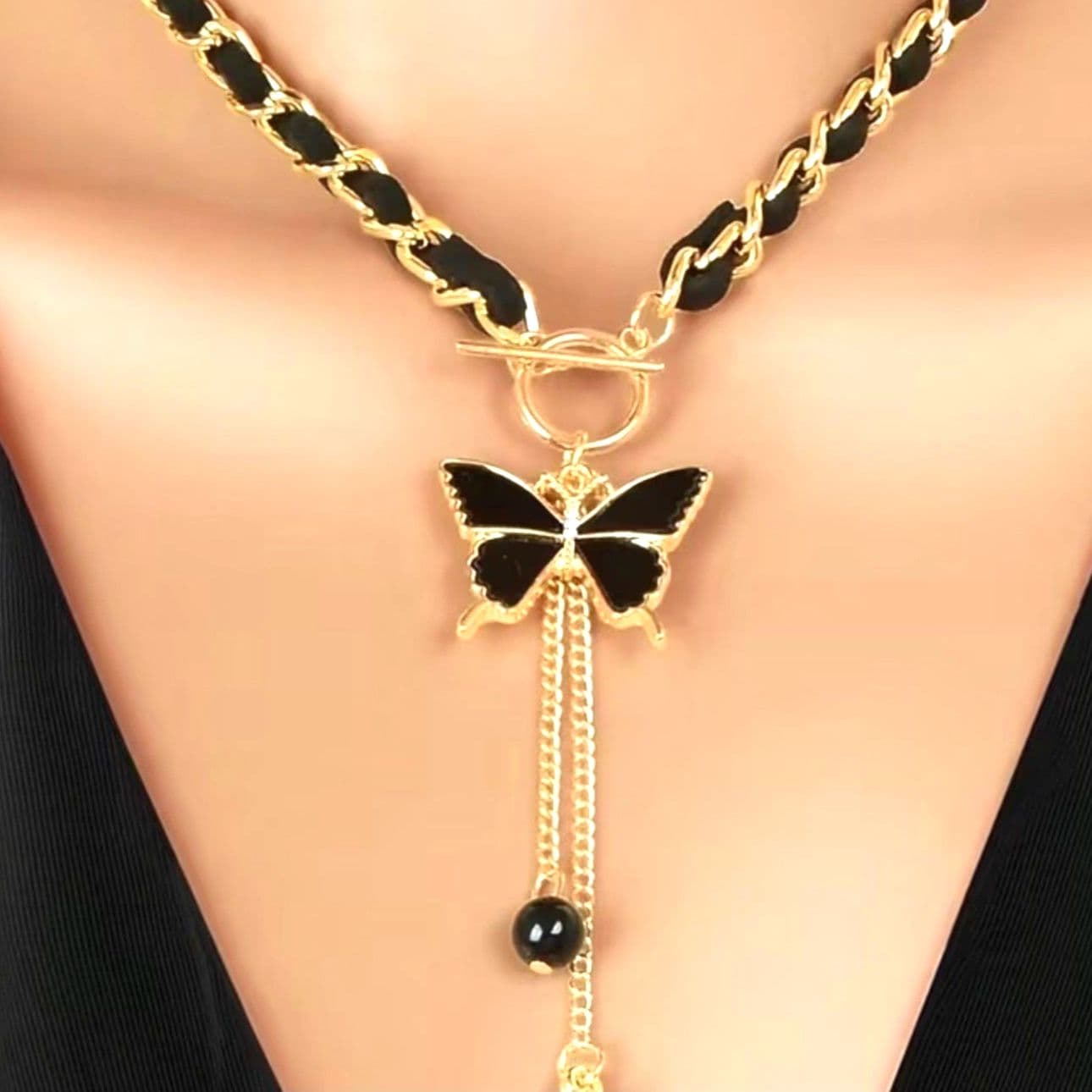Black Velvet Twisted Mother Of Pearl Necklace Choker - Thumbnail 8