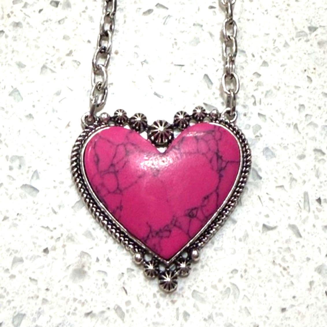 Pink Stone Heart Pendant Necklace Silver Tone Chain Statement Jewelry - Thumbnail 7