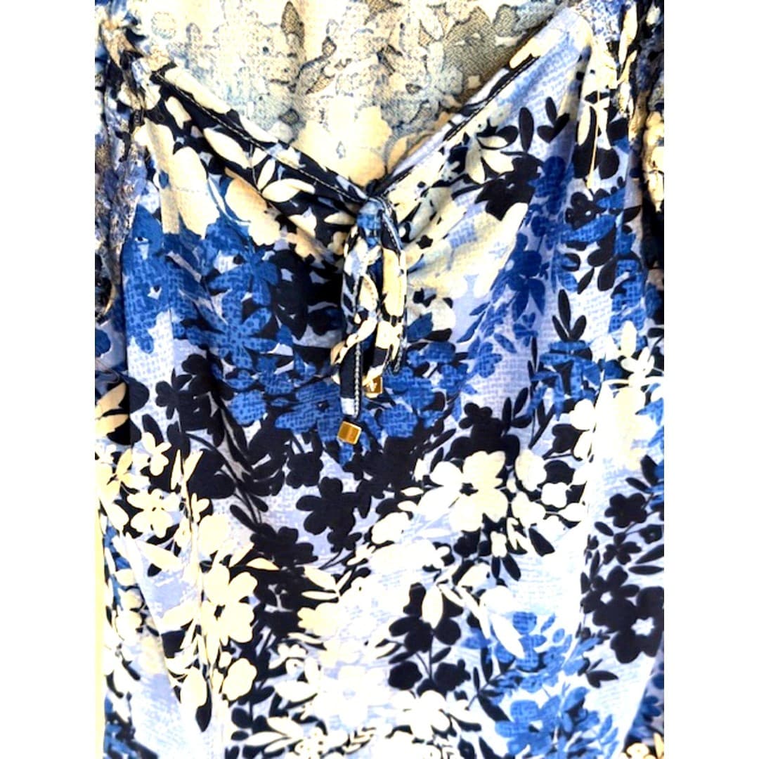 Adrienne Vittadini Blue Floral Blouse Size M Sheer Puff Sleeve Feminine Top - Thumbnail 5