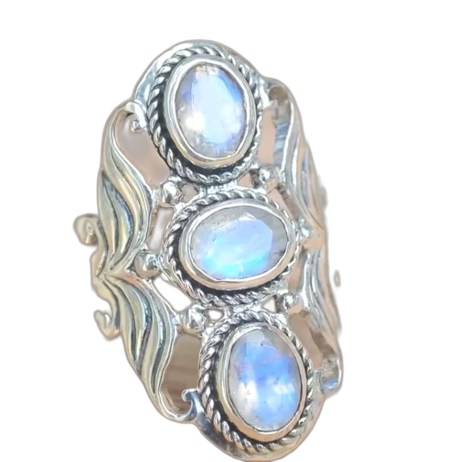 Triple Stone Moonstone Ring, Boho Vintage Style size 6.5 and 7 - Thumbnail 4