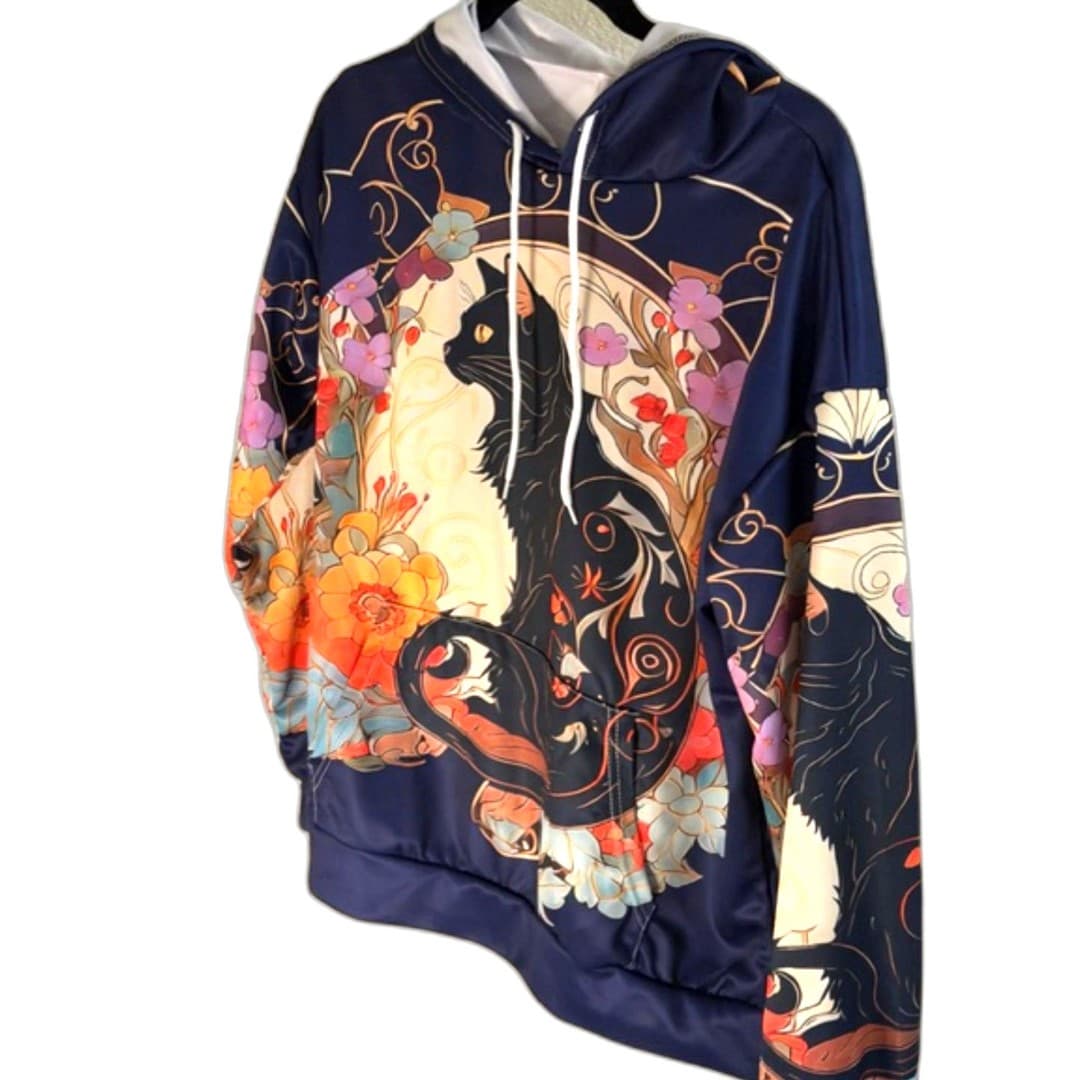 Women’s Graphic Hoodie Cat Floral Print Size L Casual Sweatshirt - Thumbnail 3