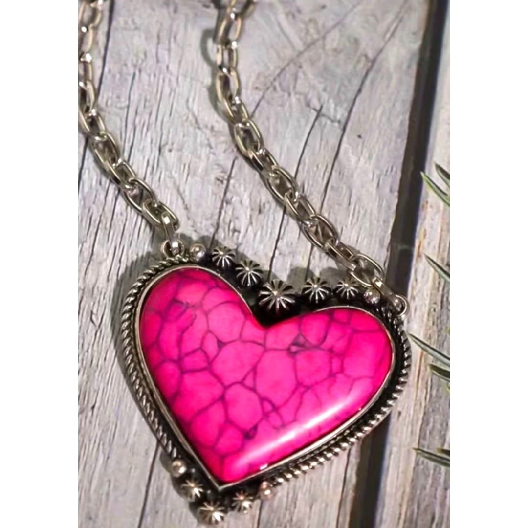 Pink Stone Heart Pendant Necklace Silver Tone Chain Statement Jewelry - Thumbnail 4
