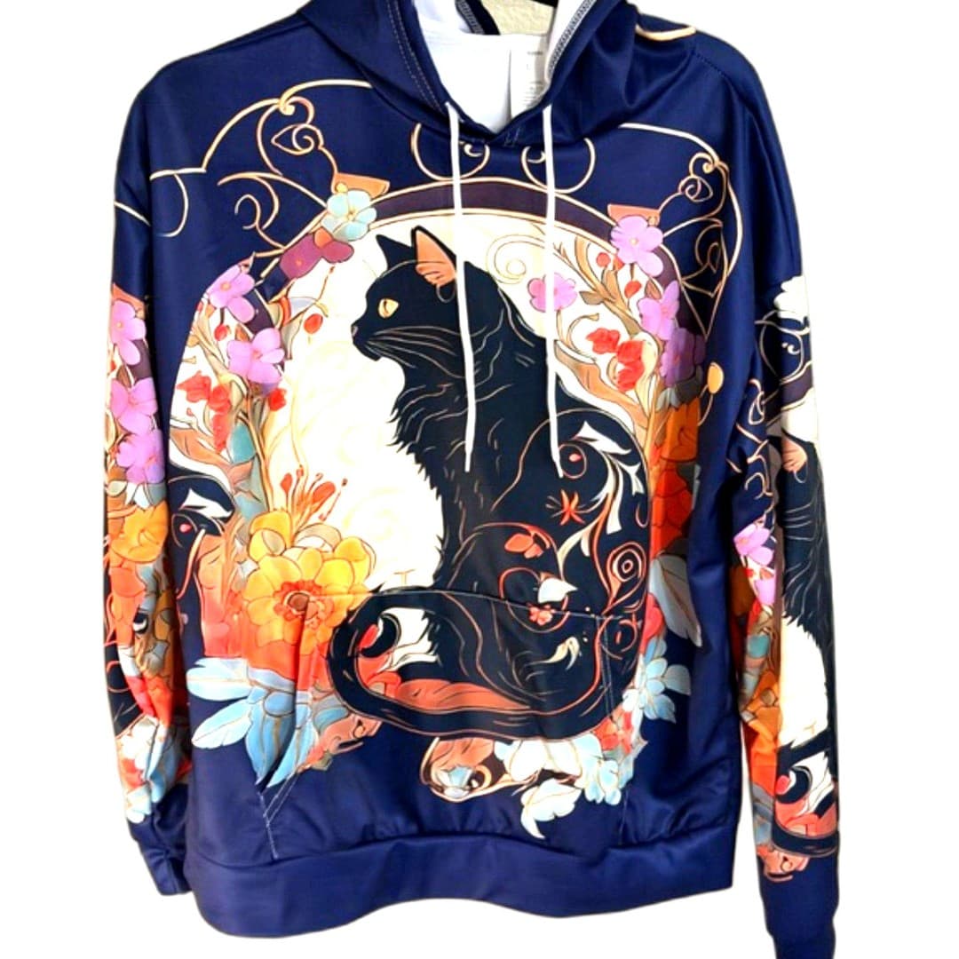 Women’s Graphic Hoodie Cat Floral Print Size L Casual Sweatshirt - Image 1