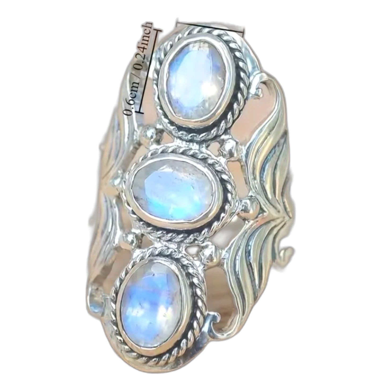 Triple Stone Moonstone Ring, Boho Vintage Style size 6.5 and 7 - Thumbnail 2