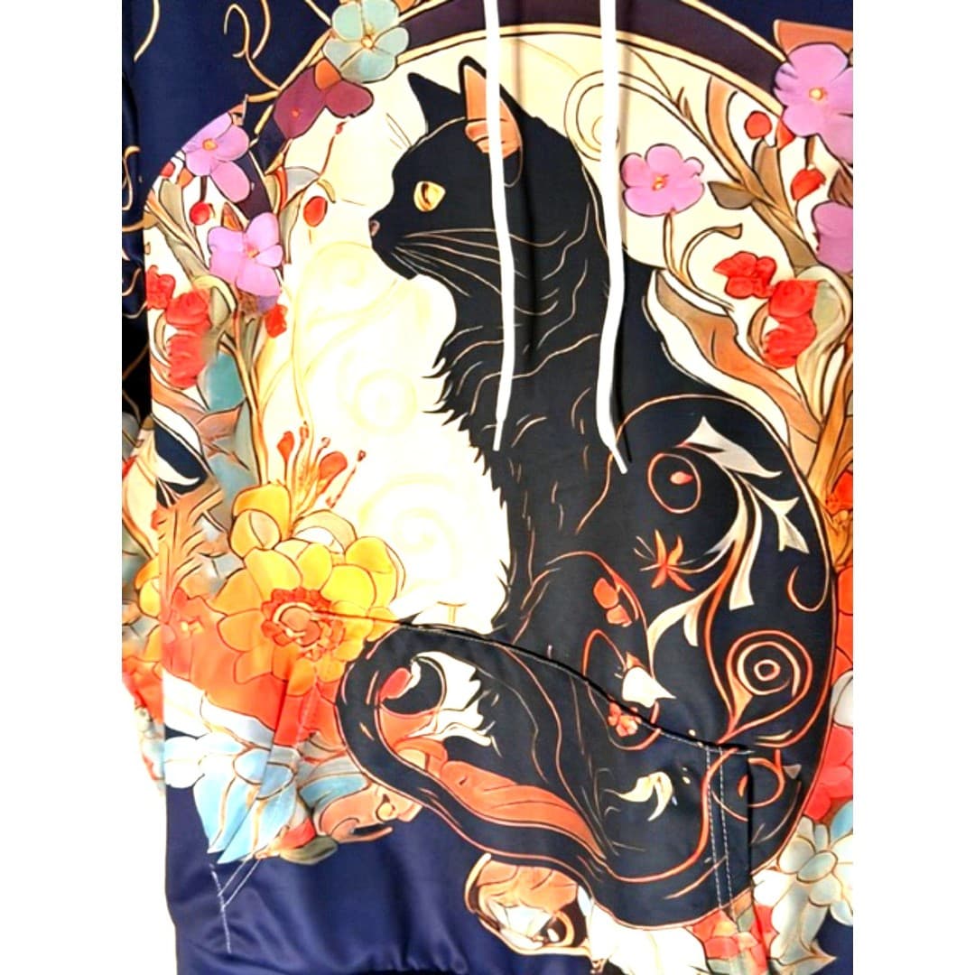 Women’s Graphic Hoodie Cat Floral Print Size L Casual Sweatshirt - Thumbnail 4