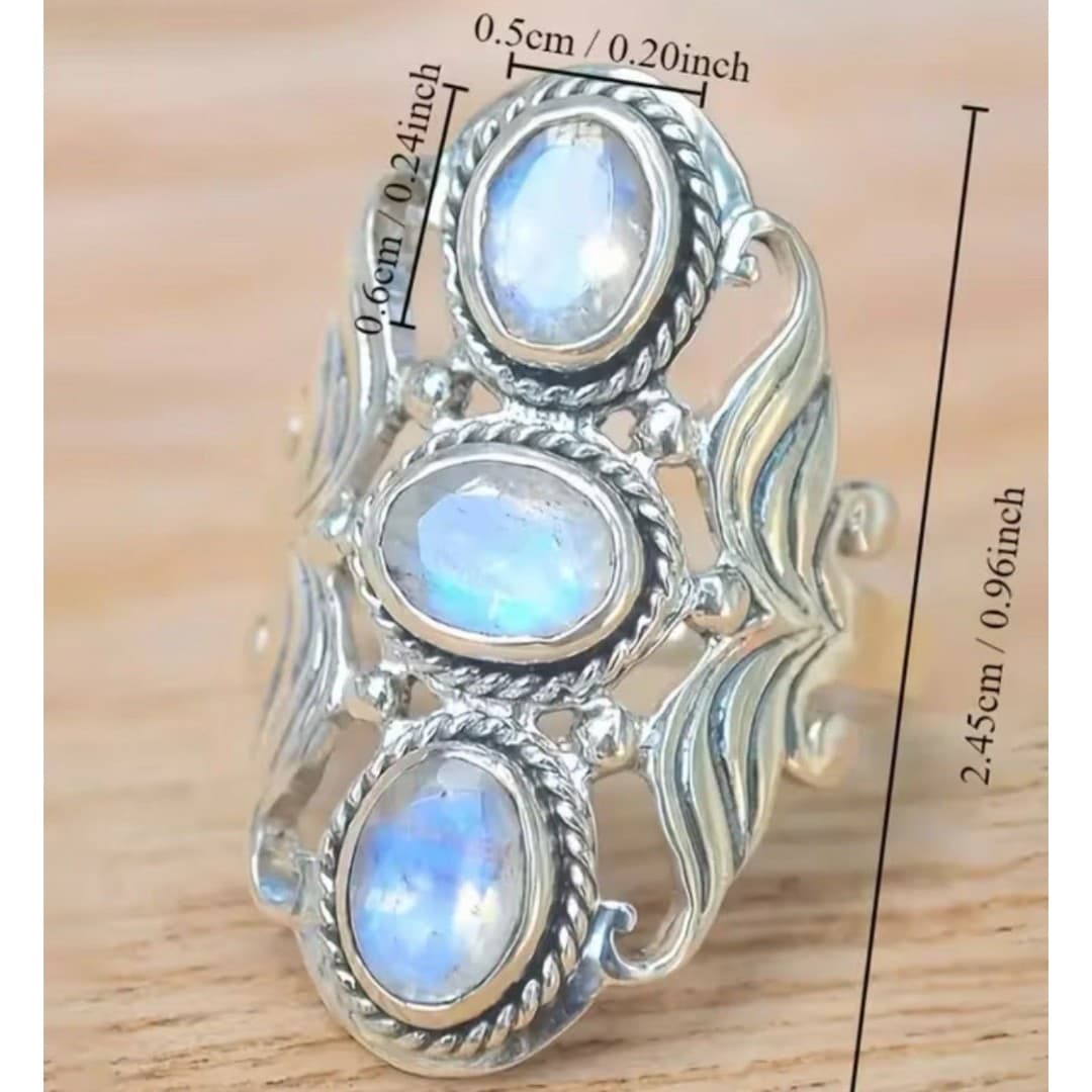 Moonstone Ring | Triple Stone Statement Ring | Boho Vintage Style size 6.5 - Thumbnail 8