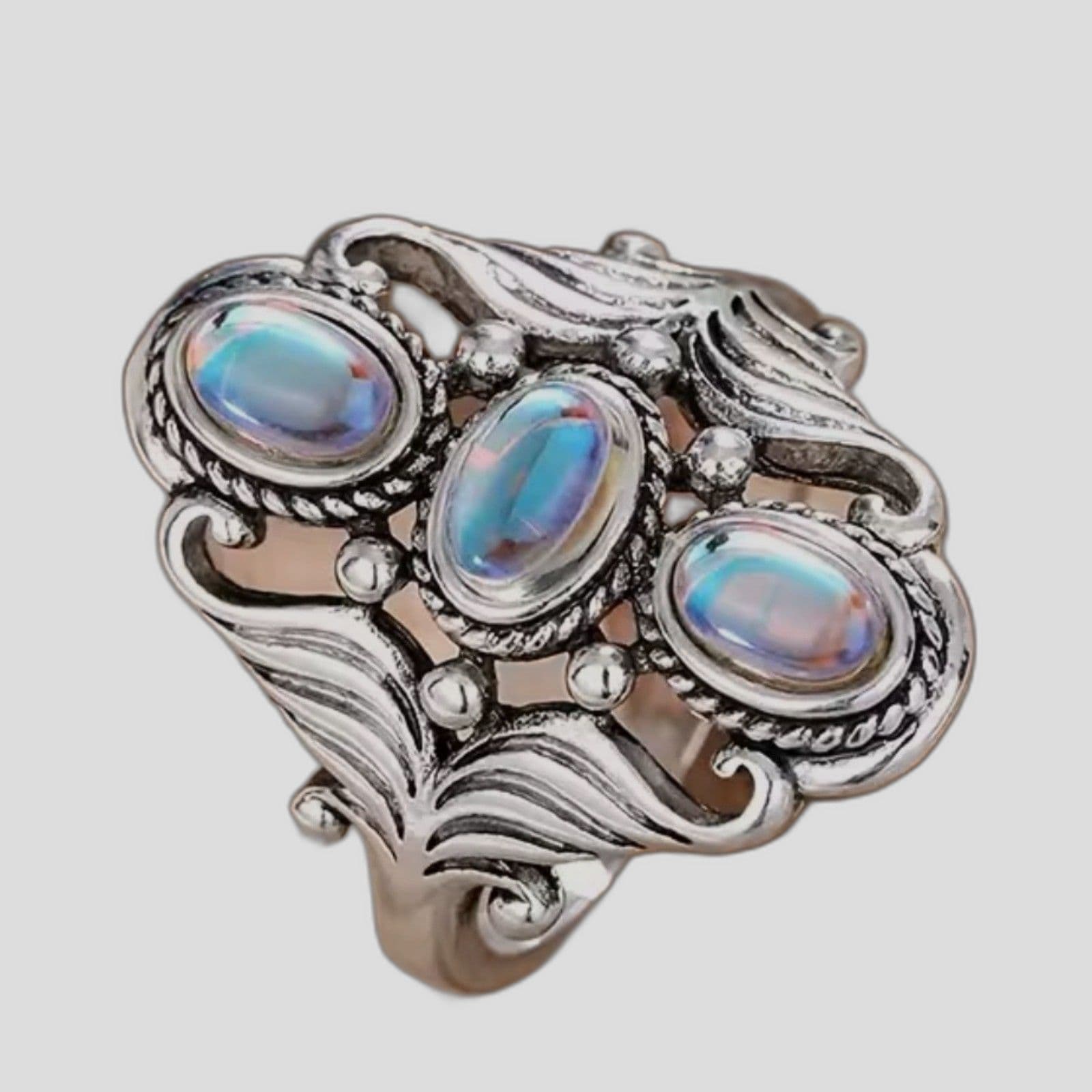 Moonstone Ring | Triple Stone Statement Ring | Boho Vintage Style size 6.5 - Thumbnail 3