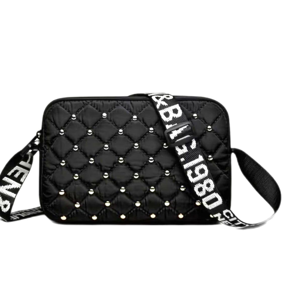 Black Quilted Crossbody Bag Studded Small Shoulder Purse Adjustable Strap - Image 1