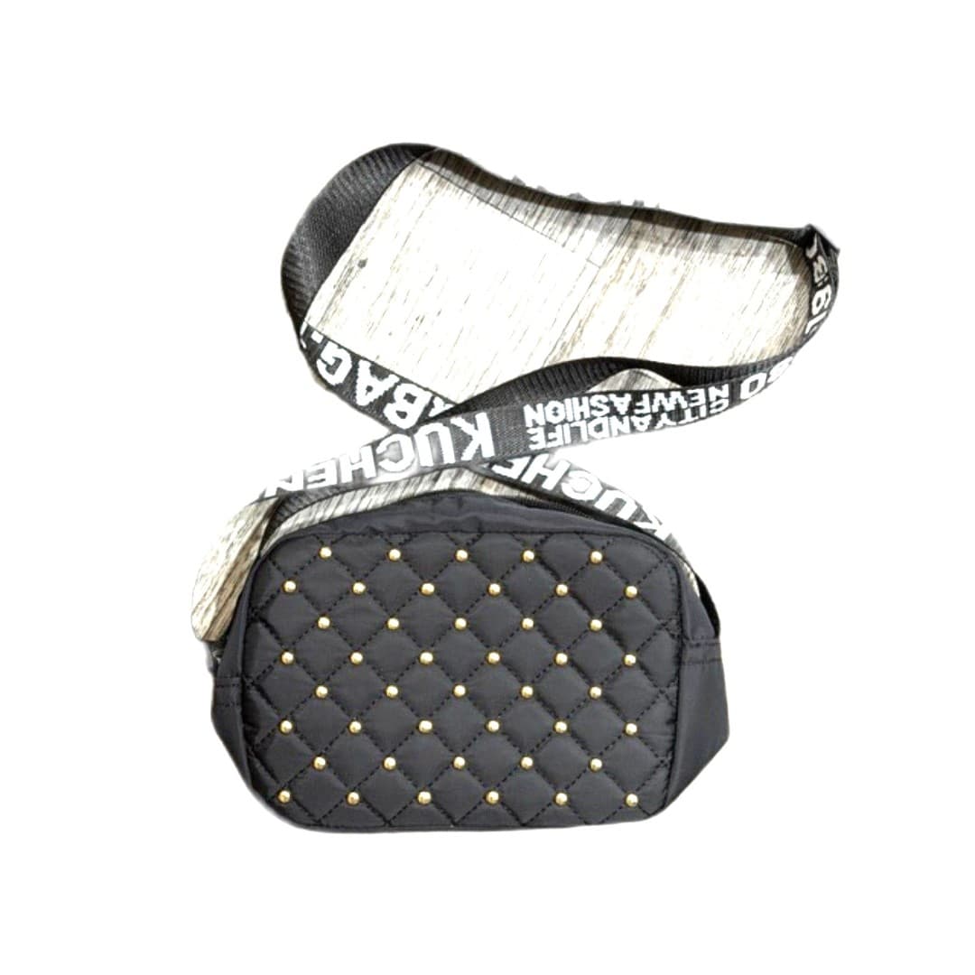 Black Quilted Crossbody Bag Studded Small Shoulder Purse Adjustable Strap - Thumbnail 2