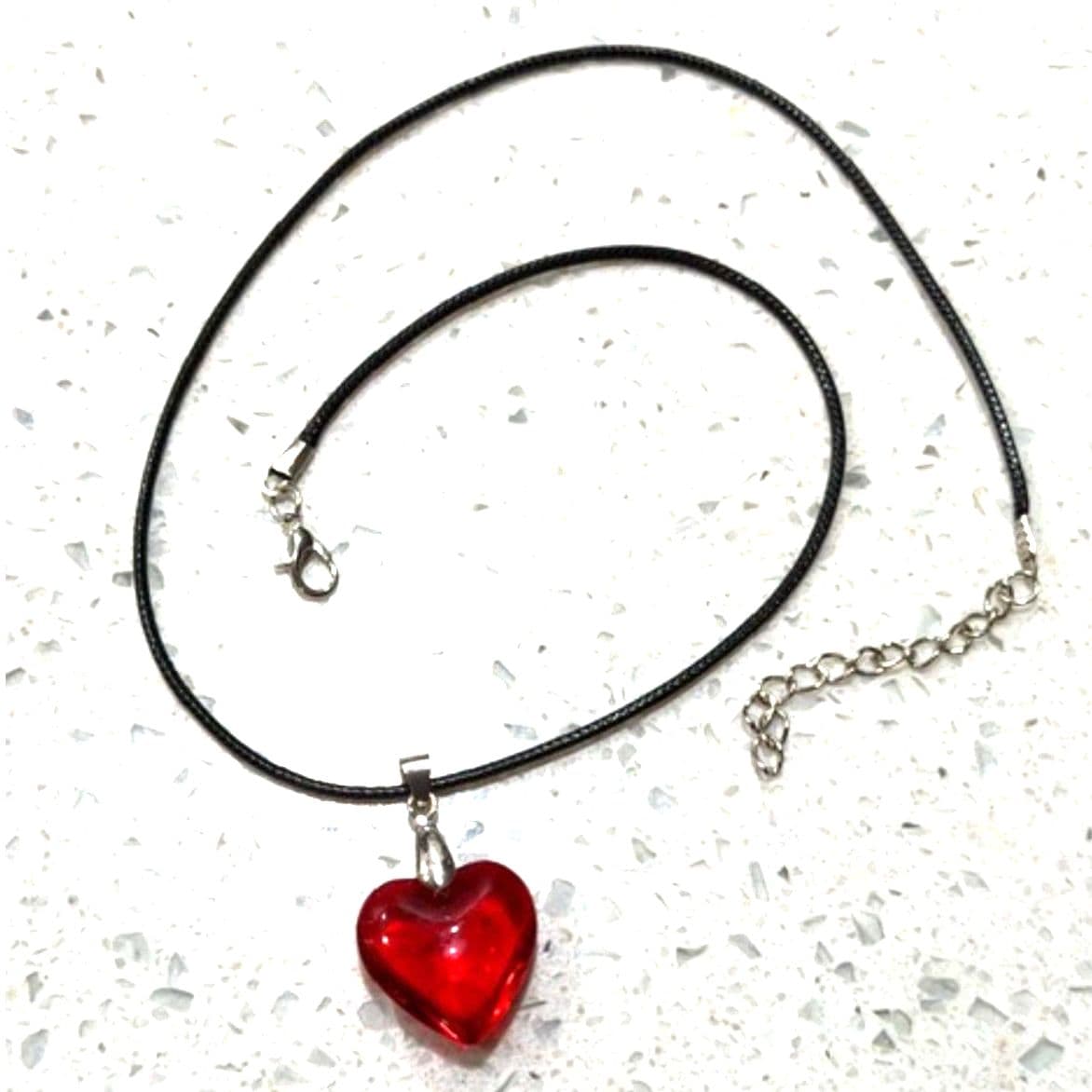 Red Heart Pendant Necklace Black Cord Choker Style Silver Tone Accent - Thumbnail 4