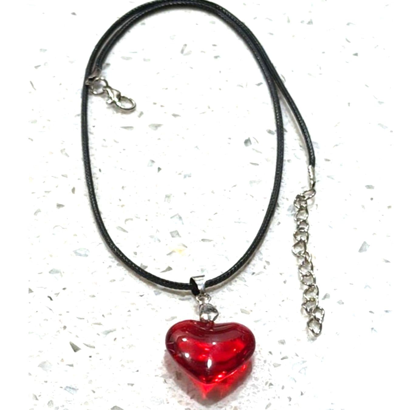 Red Heart Pendant Necklace Black Cord Choker Style Silver Tone Accent - Thumbnail 2