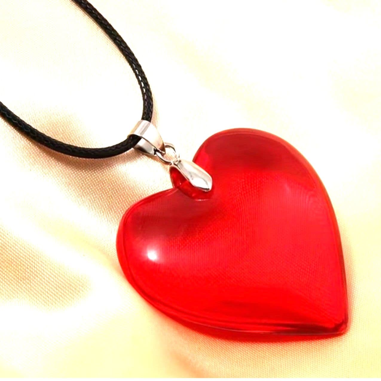 Red Heart Pendant Necklace Black Cord Choker Style Silver Tone Accent - Image 1