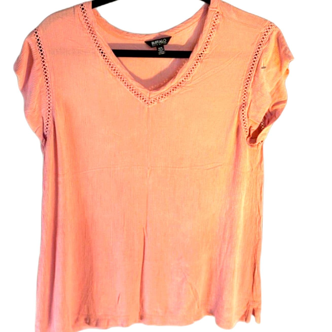 Buffalo David Bitton Peach V-Neck Blouse Size M | Crochet Trim Lightweight Top - Thumbnail 2