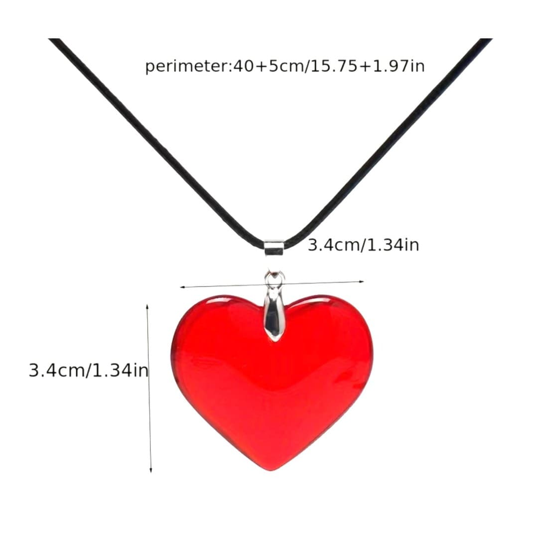 Red Heart Pendant Necklace Black Cord Choker Style Silver Tone Accent - Thumbnail 7