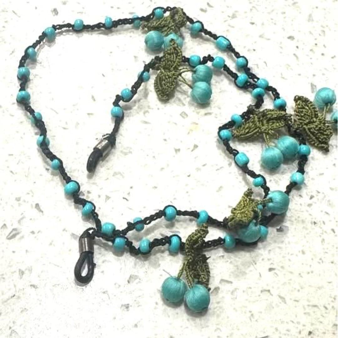 Handmade very special eyeglasses strap with cherry designs and blue beads - Image 1