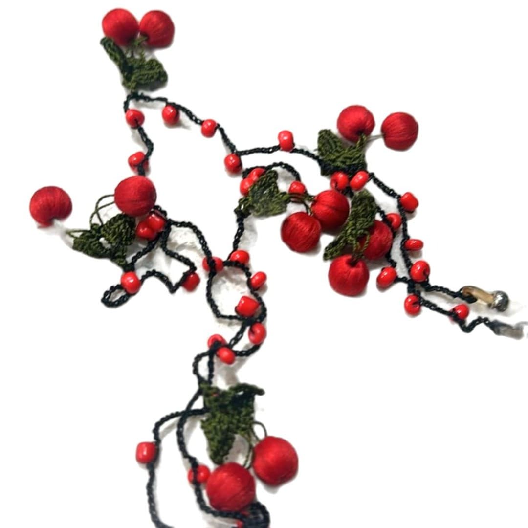 Handmade Elegant Red Beaded with red cherries Eyeglasses strap Unique item - Image 1