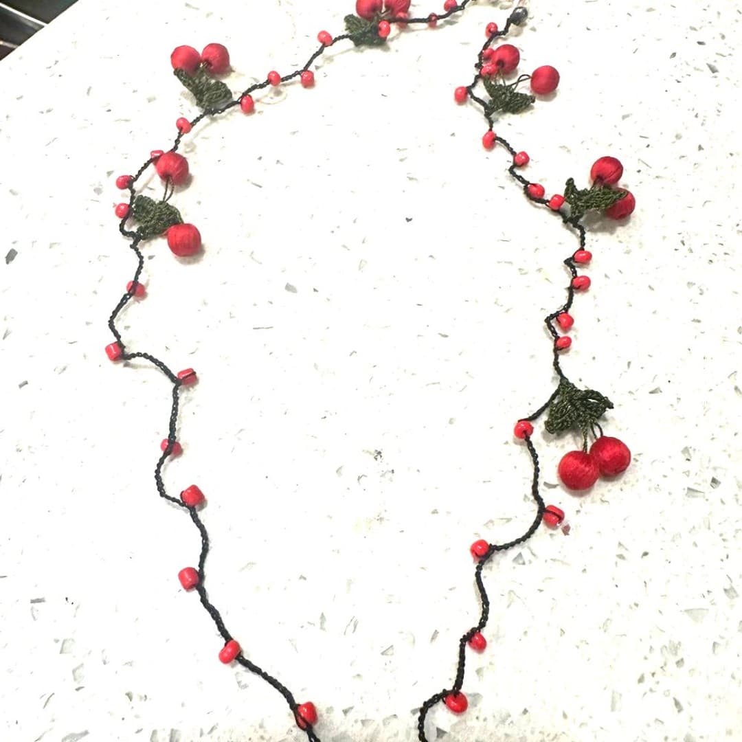 Handmade Elegant Red Beaded with red cherries Eyeglasses strap Unique item - Thumbnail 2