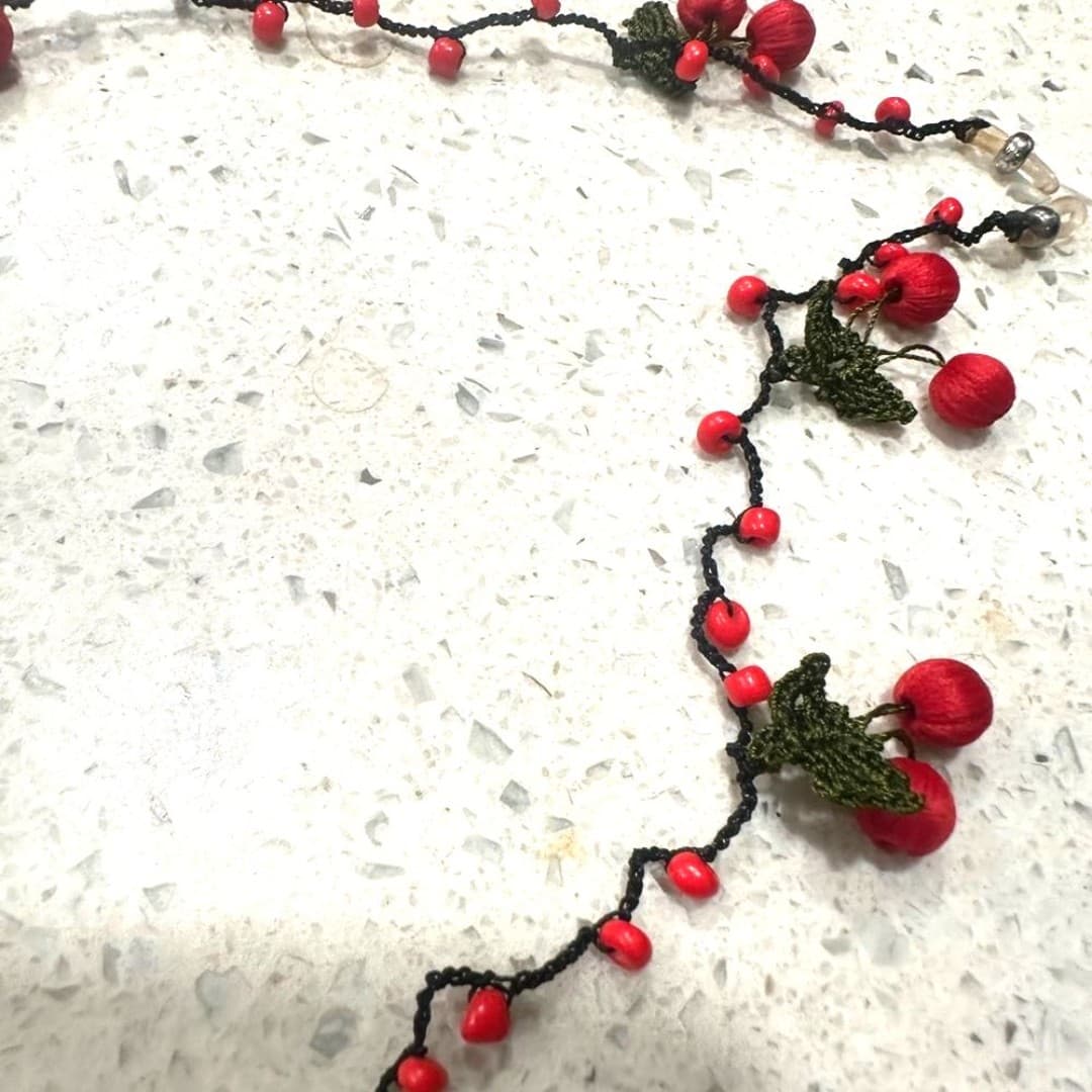 Handmade Elegant Red Beaded with red cherries Eyeglasses strap Unique item - Thumbnail 3