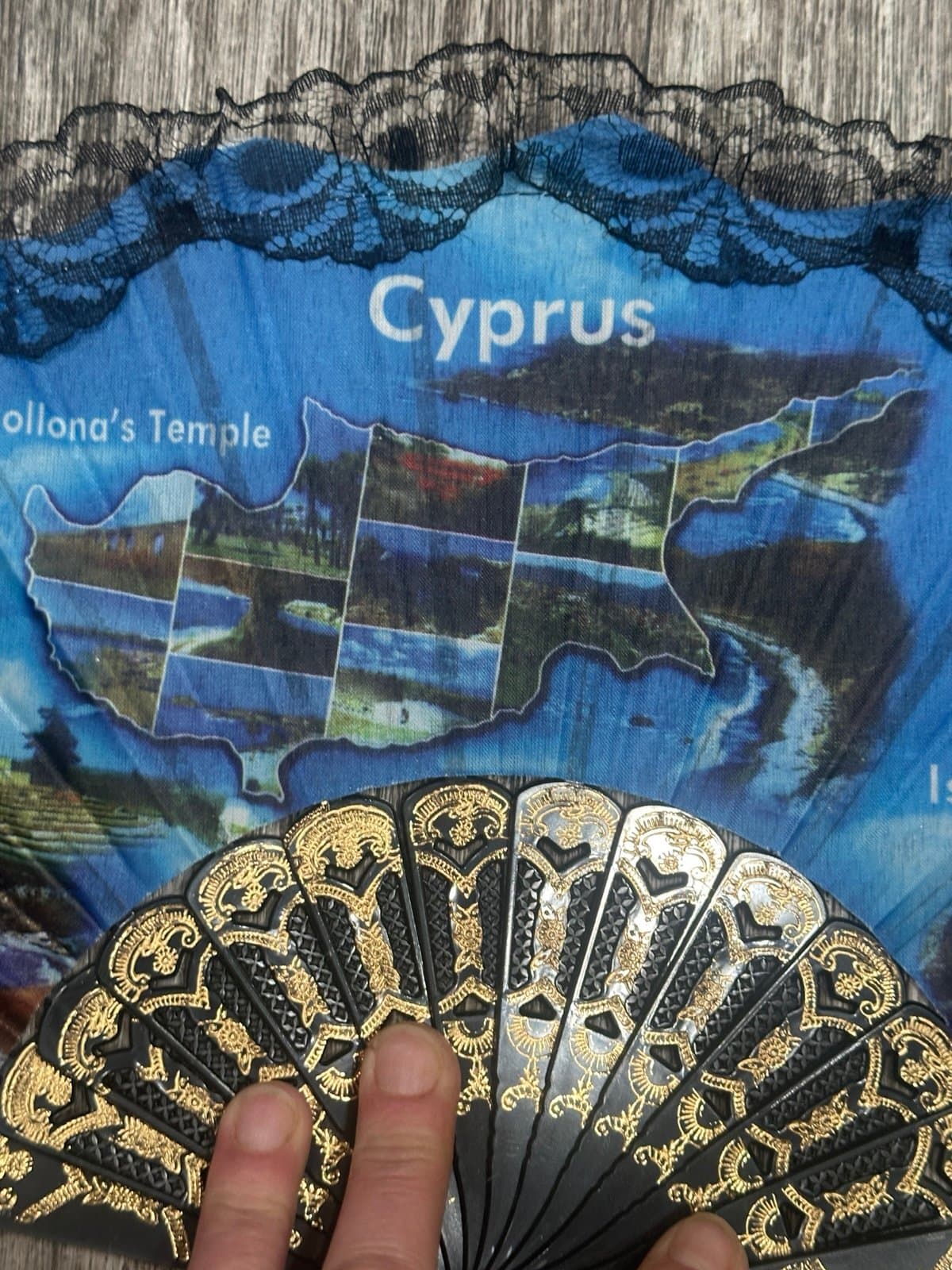 Blue and Gold Fan with black lace from Cyprus - Thumbnail 8