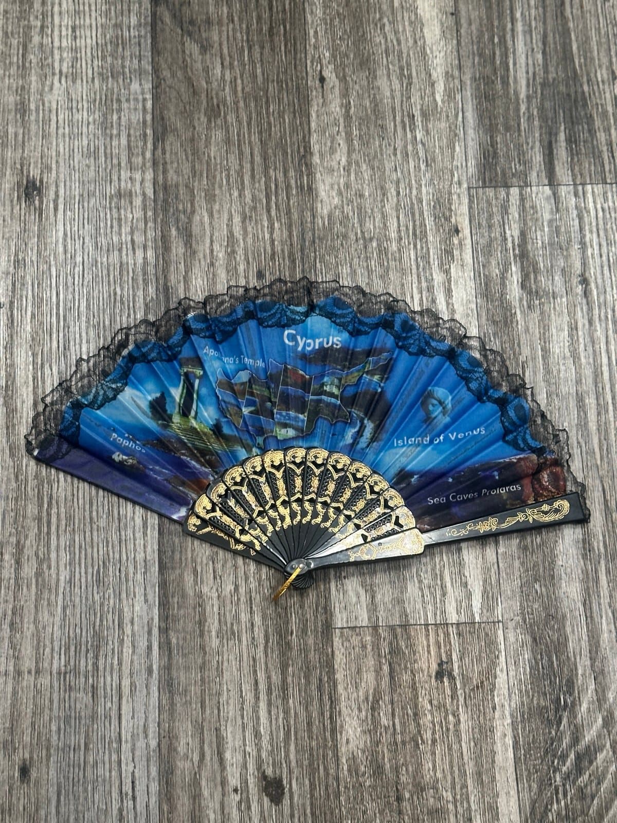 Blue and Gold Fan with black lace from Cyprus - Image 1