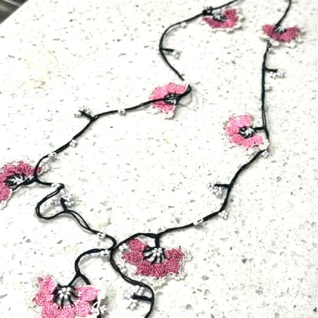 Handmade very special eyeglasses strap with pink flower design and white beads - Image 1