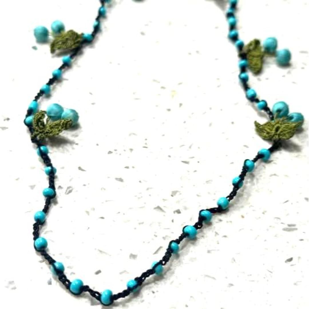 Handmade very special eyeglasses strap with cherry designs and blue beads - Thumbnail 4