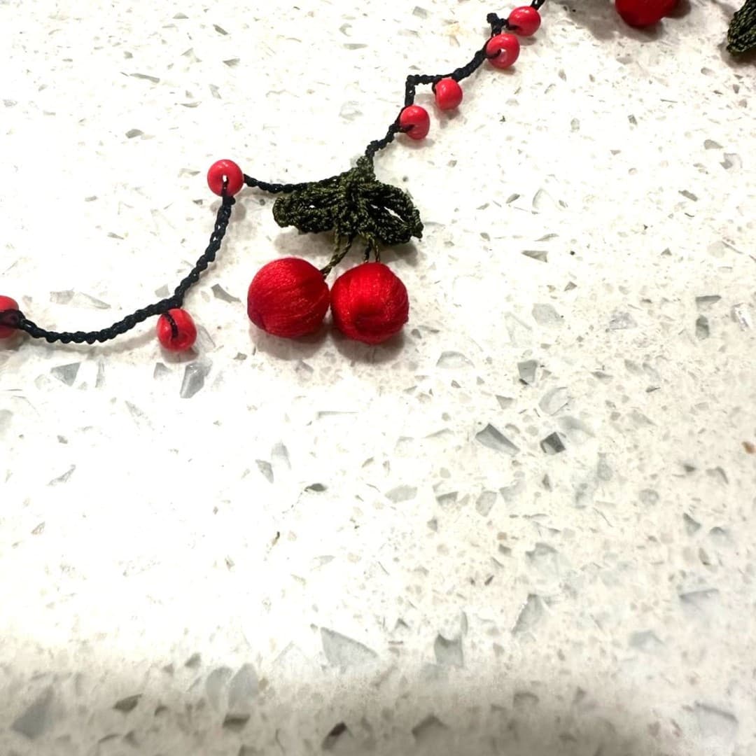 Handmade Elegant Red Beaded with red cherries Eyeglasses strap Unique item - Thumbnail 6
