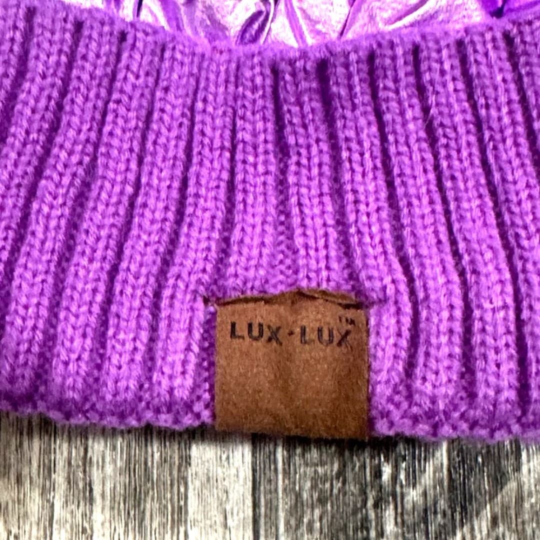 Lux Lux metallic puffer beanie in purple. - Thumbnail 5