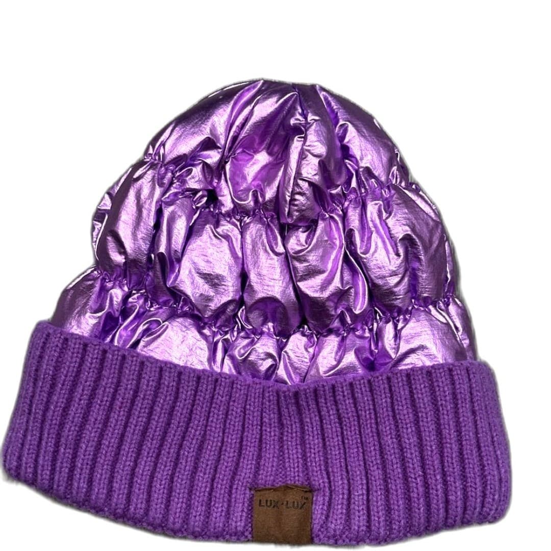 Lux Lux metallic puffer beanie in purple. - Thumbnail 2