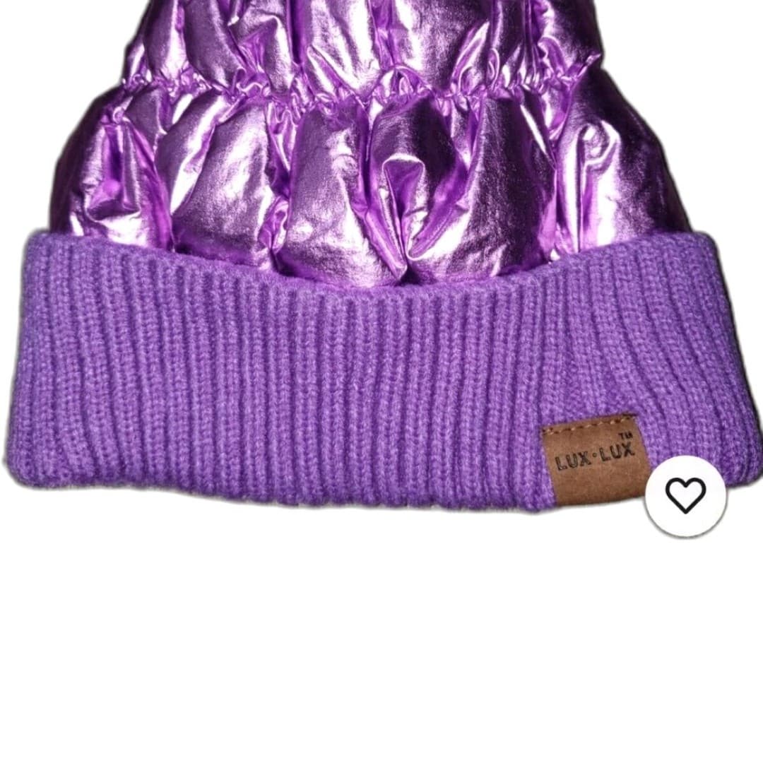 Lux Lux metallic puffer beanie in purple. - Thumbnail 3