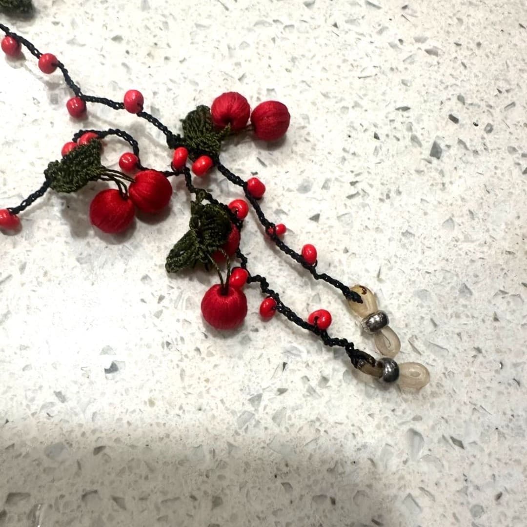 Handmade Elegant Red Beaded with red cherries Eyeglasses strap Unique item - Thumbnail 5