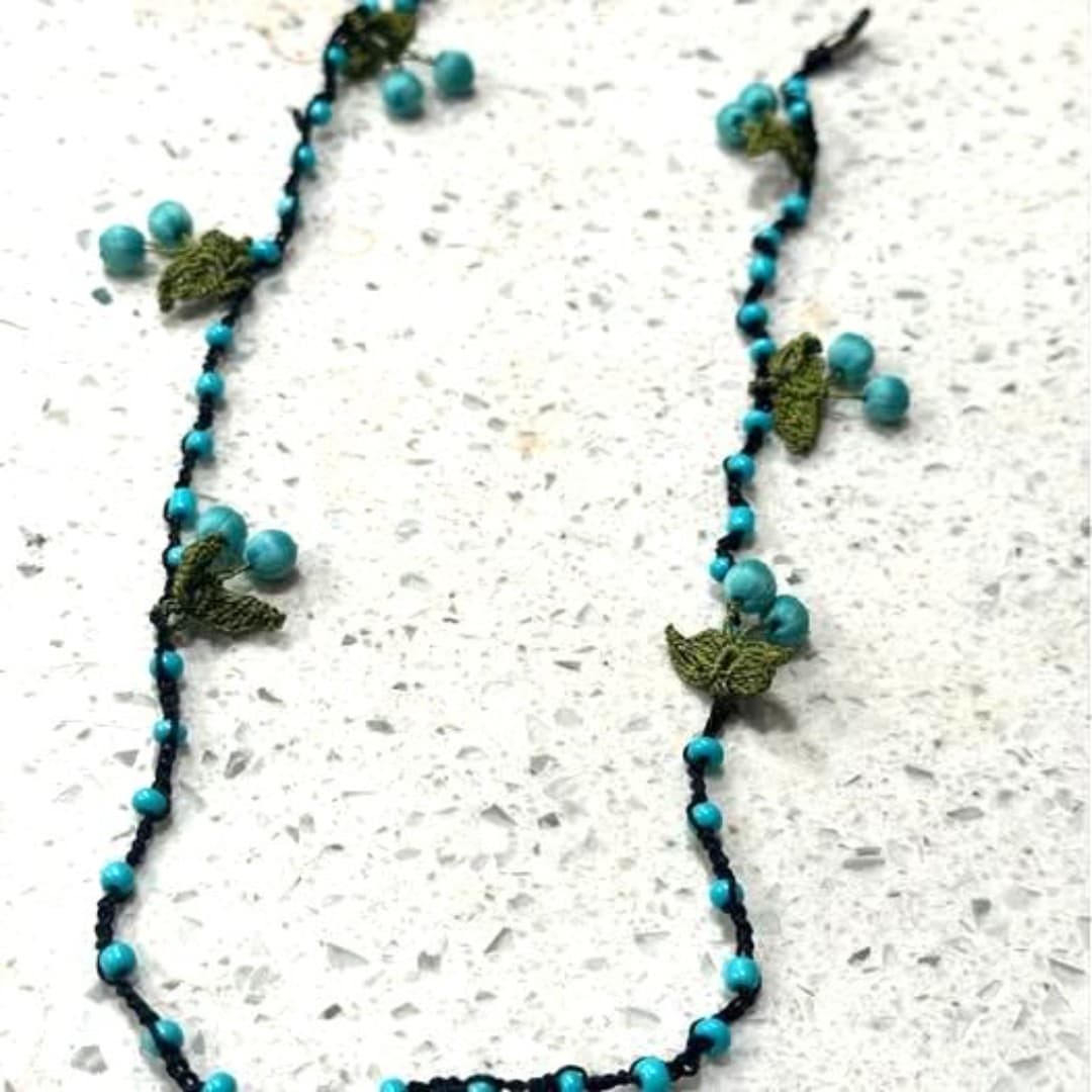 Handmade very special eyeglasses strap with cherry designs and blue beads - Thumbnail 2