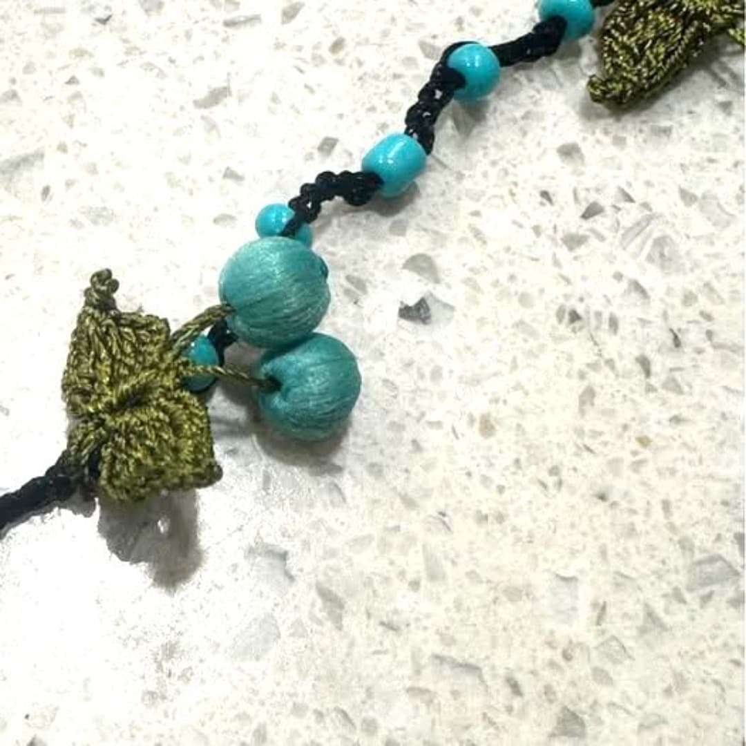 Handmade very special eyeglasses strap with cherry designs and blue beads - Thumbnail 3