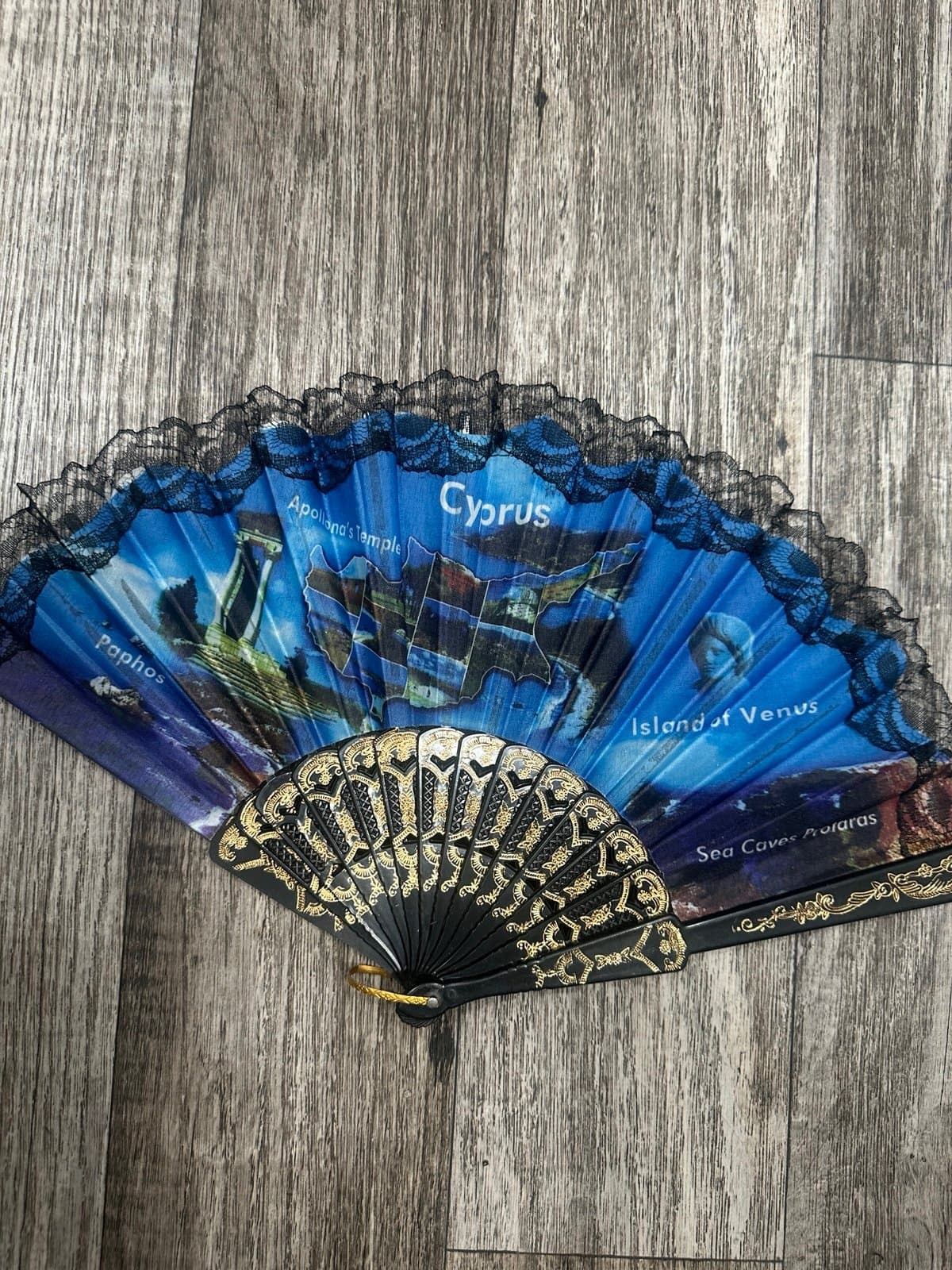Blue and Gold Fan with black lace from Cyprus - Thumbnail 9