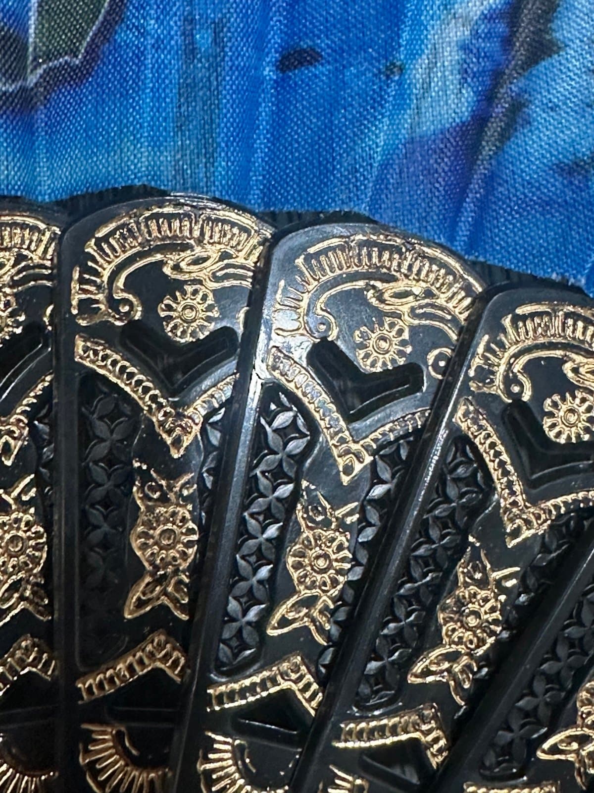 Blue and Gold Fan with black lace from Cyprus - Thumbnail 3