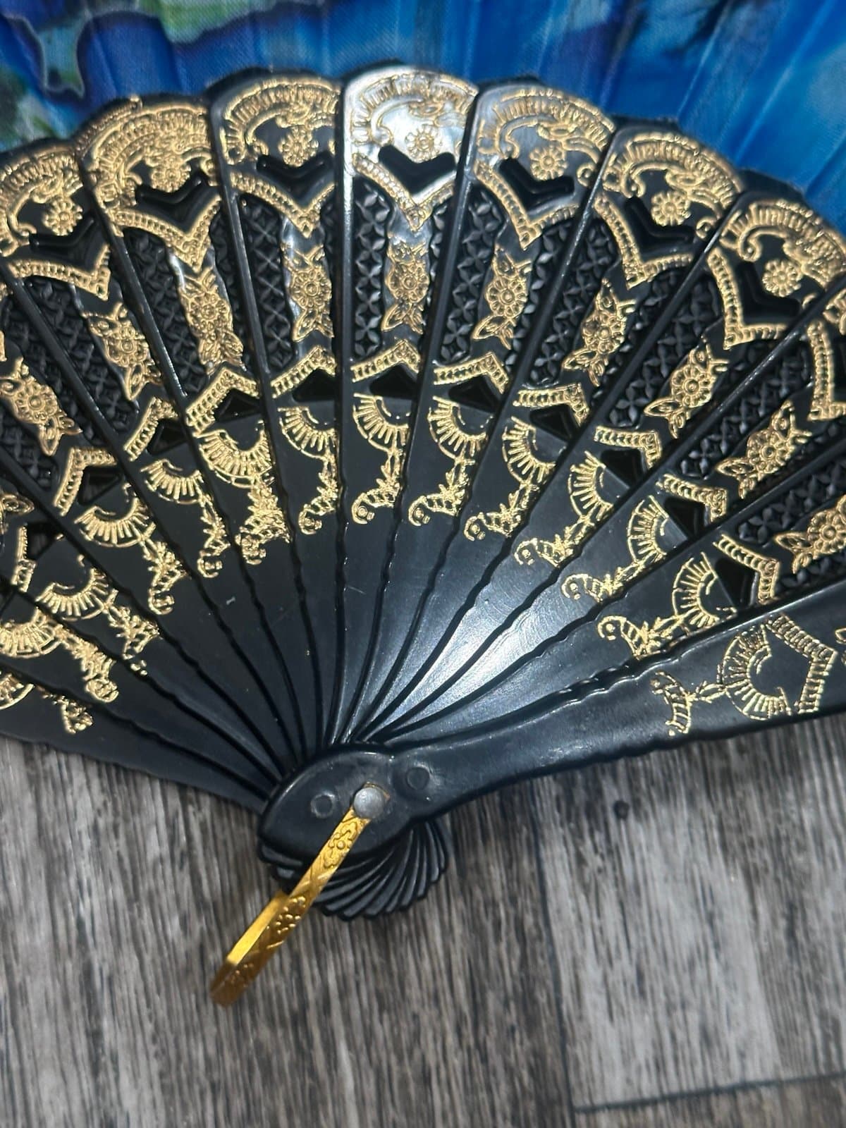 Blue and Gold Fan with black lace from Cyprus - Thumbnail 2