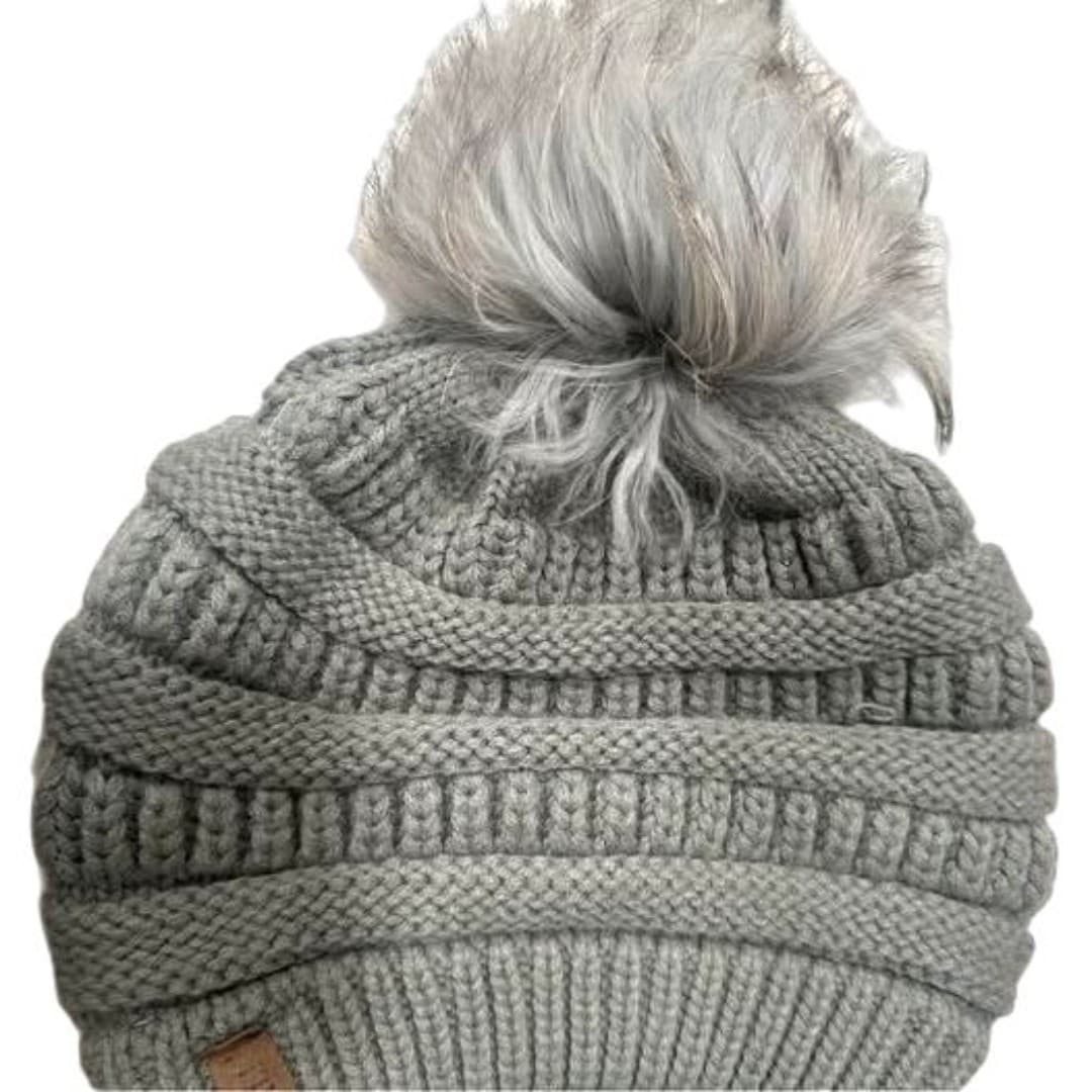 Furtal Gray Knit Pom-Pom is(Removable ) Beanie for Woman - Image 1