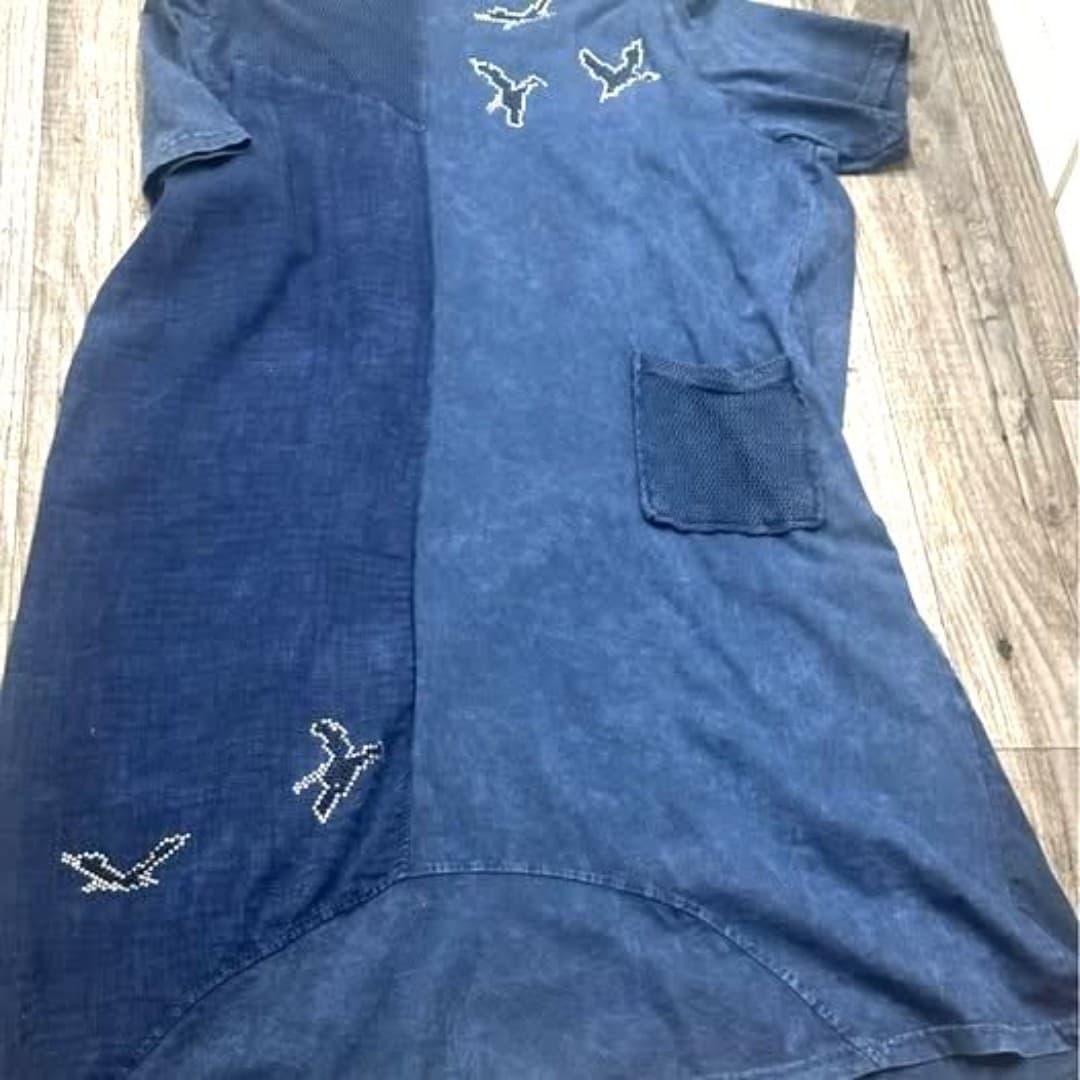 Blue cotton dress with rhinestone birds - Image 1