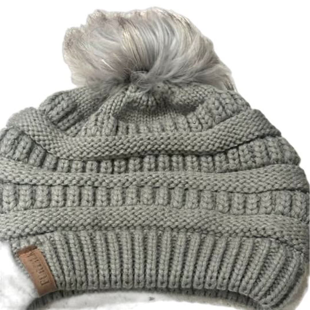 Furtal Gray Knit Pom-Pom is(Removable ) Beanie for Woman - Thumbnail 2
