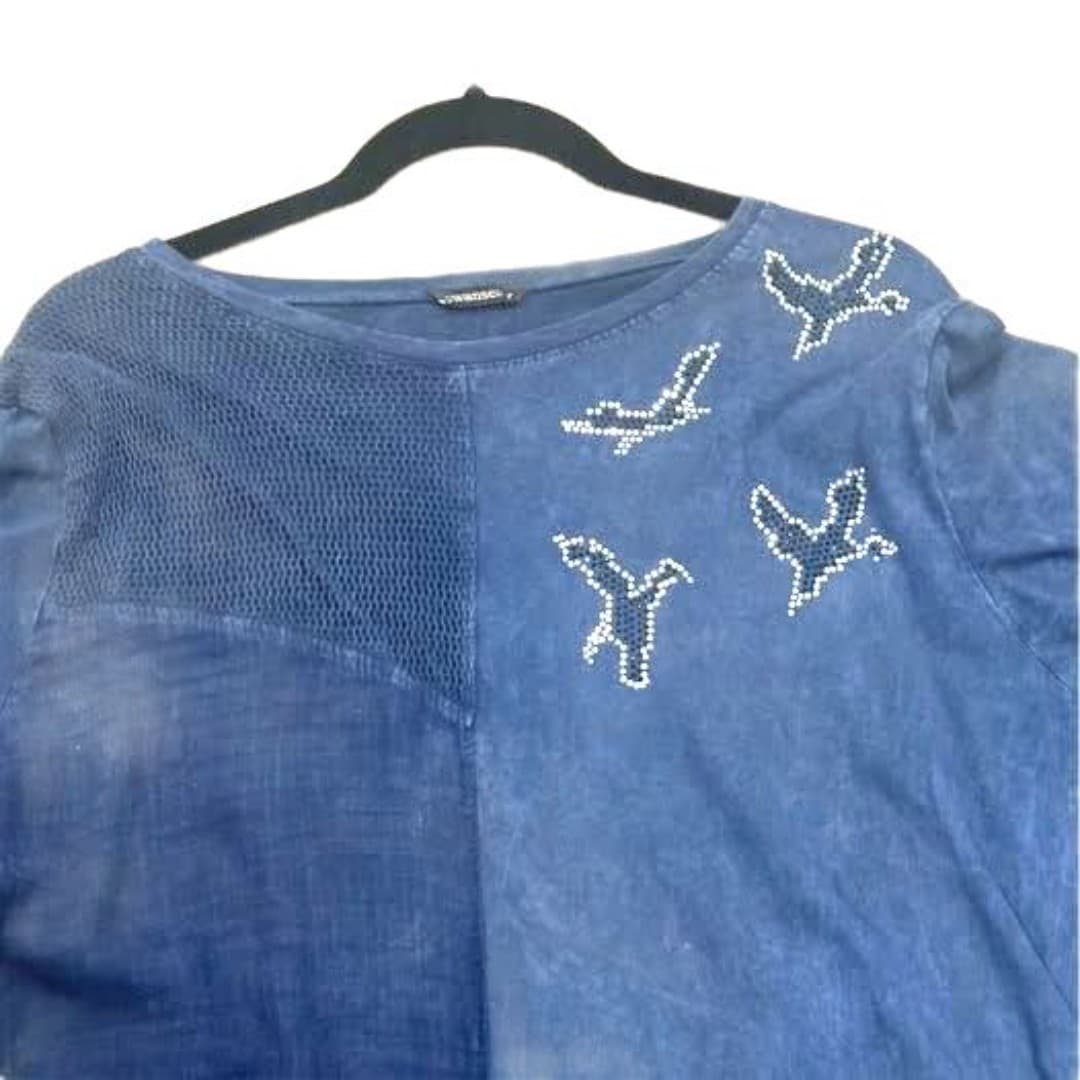 Blue cotton dress with rhinestone birds - Thumbnail 5