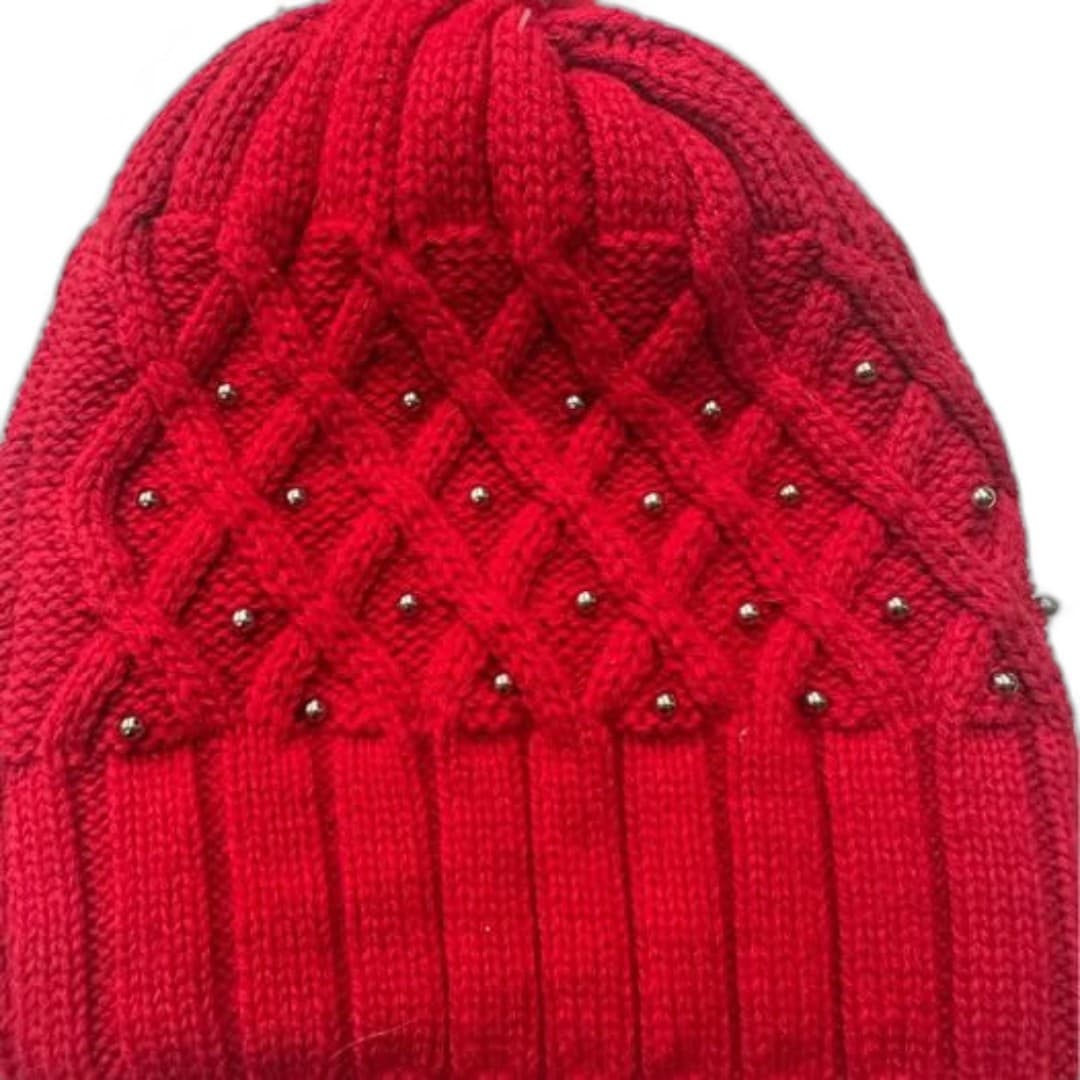 Red Knit Beanie with silver accents - Thumbnail 4