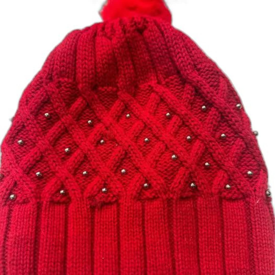 Red Knit Beanie with silver accents - Image 1
