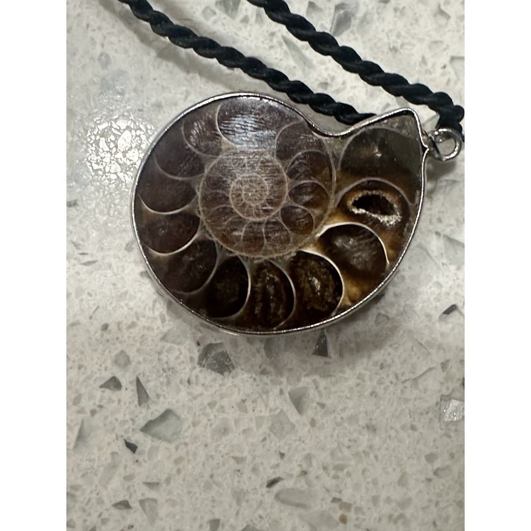 Large Ammonite Fossil Spiral Shell Vintage Silver Handmade Pendant 1 1/2 Inch - Image 1