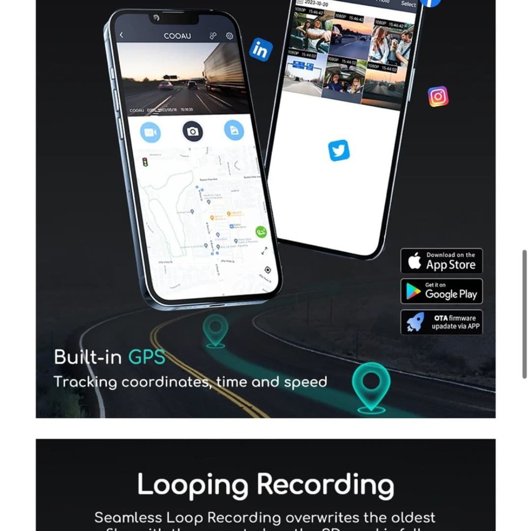 COOAU Dual Dash Cam Front and Inside, Built-in GPS and WI-FI - Thumbnail 6