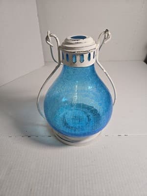 Home Essentials Blue Crackle Lantern Candle Round Glass Metal Outdoor 11” X 8” - Image 1