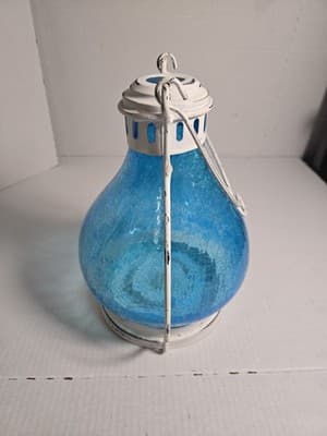 Home Essentials Blue Crackle Lantern Candle Round Glass Metal Outdoor 11” X 8” - Thumbnail 4