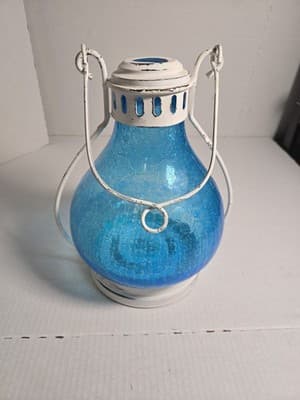 Home Essentials Blue Crackle Lantern Candle Round Glass Metal Outdoor 11” X 8” - Thumbnail 5
