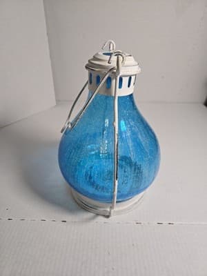 Home Essentials Blue Crackle Lantern Candle Round Glass Metal Outdoor 11” X 8” - Thumbnail 2