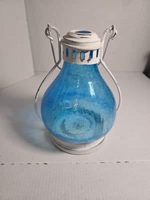 Home Essentials Blue Crackle Lantern Candle Round Glass Metal Outdoor 11” X 8” - Thumbnail 3