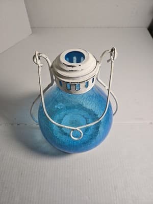 Home Essentials Blue Crackle Lantern Candle Round Glass Metal Outdoor 11” X 8” - Thumbnail 6